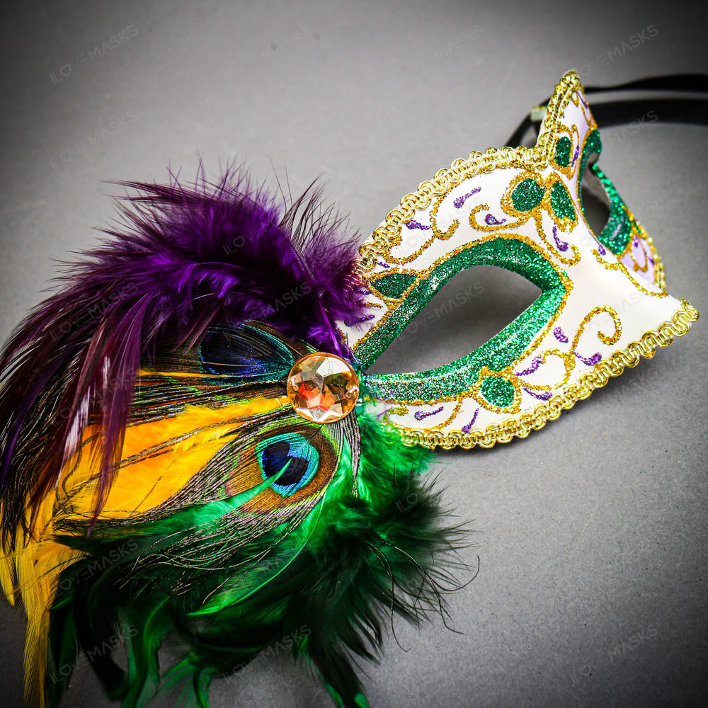 Venetian Black Ball Warrior Men & Women Feather Green Glitter Eye Couple Mask - Picture 5 of 6